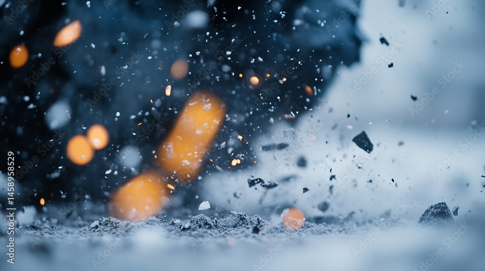 Poster abstract image of dark blue and orange sparks, embers, and particles flying through the air, impacti