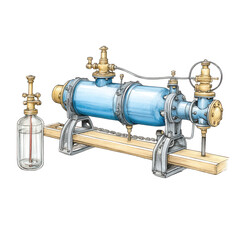 An antique scientific apparatus illustration features blue and gold accents.