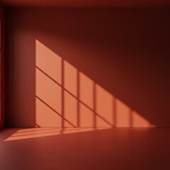 Minimalist Room Interior with Sunlight and Shadow Orange Wall, Window Light, Empty Space Background.