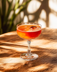 Enjoying an aperol spritz cocktail on a rustic wooden table during golden hour light
