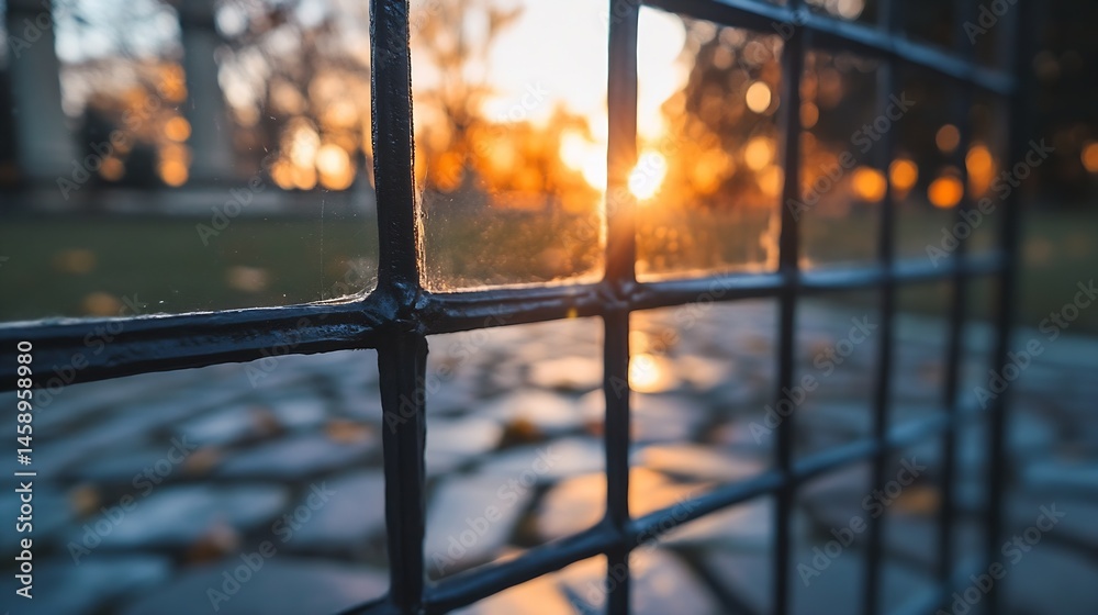 Aufkleber Sunset view through a dark metal grid fence, showing a blurred cobblestone path and autumnal trees in the background. The warm light creates a serene, contemplative atmosphere. : Generative AI