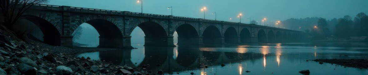 Crumbling bridge over murky, debris-strewn water Dark tones, ominous feel , mystery, wreck