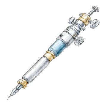 A mechanical sye device with blue liquid and metallic components stands tall.
