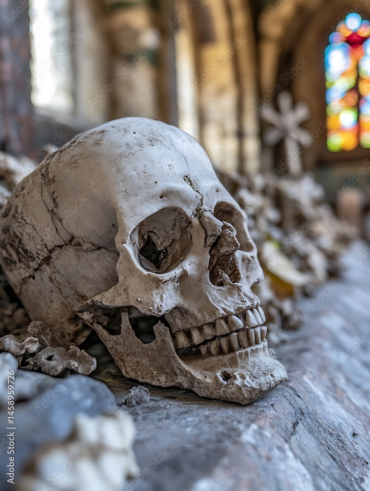 Poster close-up view of a weathered human skull resting on a stone surface within an old church, showcasing