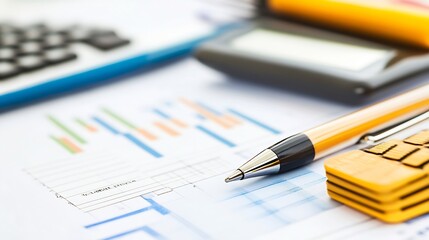Close-up of a pen resting on financial documents, showcasing graphs, charts, and a calculator; suggesting business, finance, or accounting concepts. : Generative AI