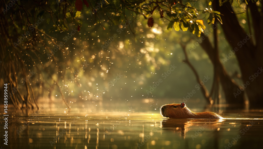 Poster capybara swimming in a sunlit river, surrounded by lush green vegetation and sparkling water droplet