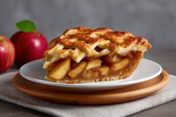Apple Pie Slice with Lattice Crust on White Plate