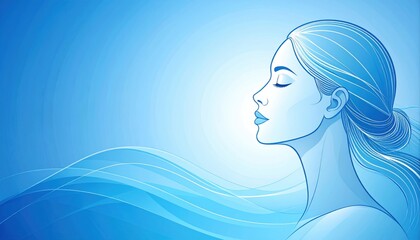 Serene Woman Profile with Flowing Hair and Abstract Blue Water Waves Background Peaceful Mindful Wellness Concept