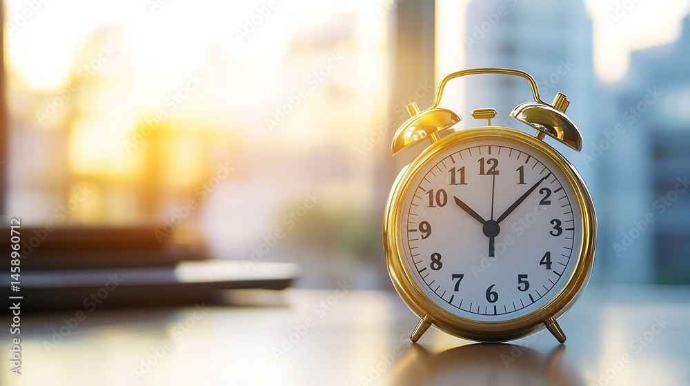 Poster a gold alarm clock sits on a desk, the sun shining through a nearby window, illuminating the scene w