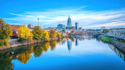 Obraz premium Nashville Skyline: Autumn Reflection on Cumberland River
