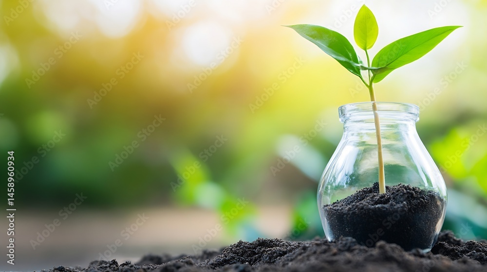 Aufkleber a small green sprout emerges from dark soil inside a clear glass jar, set against a blurred backdrop