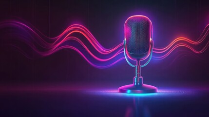 Retro microphone with vibrant neon light wave sound effects. (1)