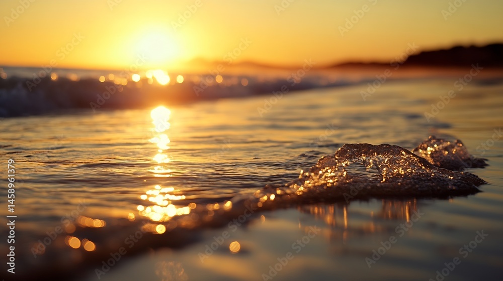 Leinwandbilder golden sunset light reflects on small ocean wave, creating a mesmerizing bokeh effect on the water's