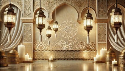 Luxurious Arabian Background with Ornate White and Gold Lanterns
