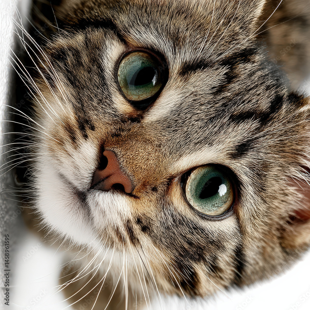 Poster close-up portrait of a curious tabby kitten, its green eyes wide and alert, peering from a slightly 