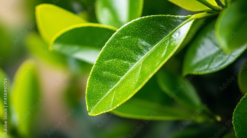 Aufkleber close-up view of a vibrant green leaf, showcasing its detailed texture and glistening surface, with 