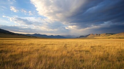 Fototapeta premium Golden prairie landscape under a dramatic sky, showcasing rolling hills and a vast expanse of tall grass under a partly cloudy sky with dark storm clouds. : Generative AI