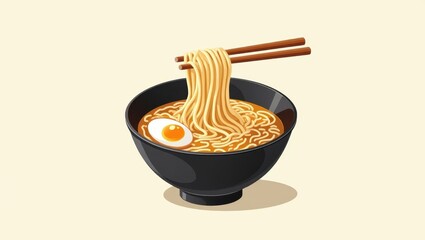 Black bowl. Ramen noodles. Half boiled. Asian food. Chopsticks holding. Close up. 3D render. Soft shadows. Warm colors. Minimal style. Japanese cuisine. Food illustration. Restaurant menu. Social med