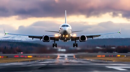 Fototapeta premium Airplane landing on runway at sunset, dramatic sky, front view, low angle shot, commercial airliner, jet engines, wheels down, airport, travel, transportation. : Generative AI