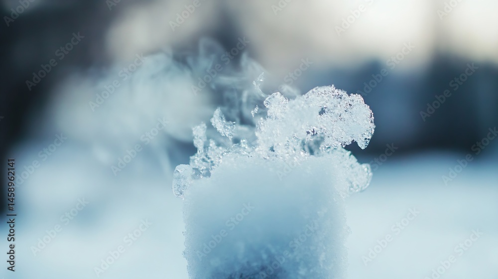 Leinwandbilder close-up of melting snow with ice crystals and subtle steam rising, creating a delicate winter scene