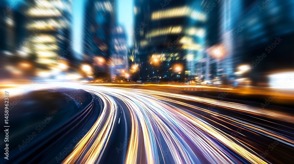 Poster night cityscape with dynamic light trails of speeding cars on a highway curving through modern build