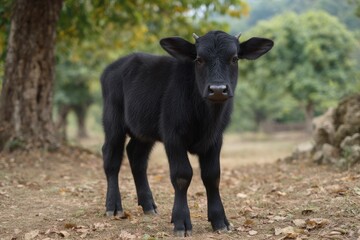 Fototapeta premium Black Calf Stands in Field