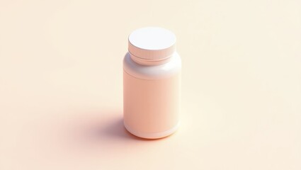 Minimalist bottle. White plastic medicine bottle with white cap standing on pastel beige surface, healthcare concept for pharmacy, wellness, vitamins, soft minimalistic background with natural light