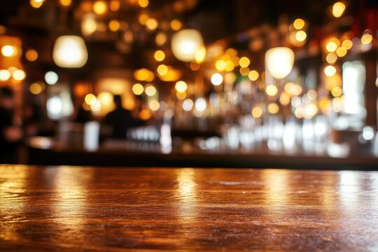 Empty wooden bar counter, blurred bar scene