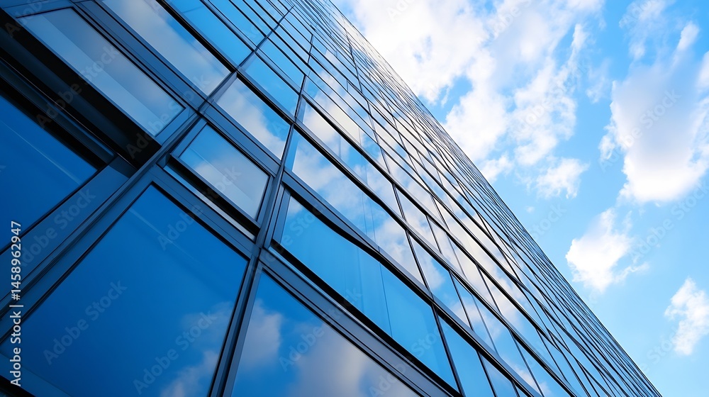 Poster Modern skyscraper facade reflecting blue sky and clouds, showcasing a geometric pattern of glass windows and dark frames, creating an image of corporate success and urban architecture. : Generative AI