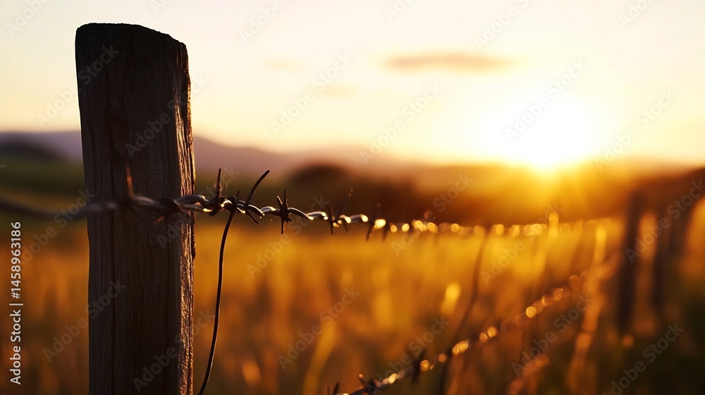 Poster close-up view of barbed wire strung along a weathered wooden fence post at sunset, with a blurred go