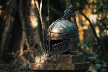 Ancient metal helmet resting on a stone pedestal in a forest.