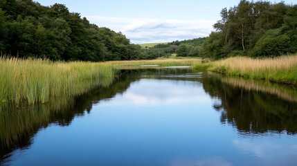 Fototapeta premium Serene river scene reflecting blue sky and lush green trees, tall grasses line the calm water's edge, creating a tranquil natural landscape. : Generative AI