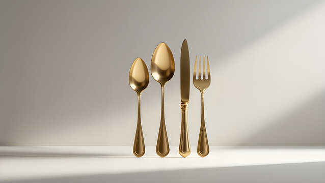 A Digitally Rendered Image Featuring a Shiny Gold Teaspoon, Tablespoon, Knife, and Fork Standing Upright on a Light Surface