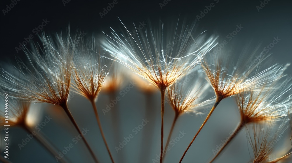 Poster Close-up view of delicate dandelion seed heads, showcasing their intricate structure and wispy filaments against a muted background.  The subtle lighting enhances the texture and detail of each seed.
