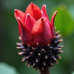 Dried rhododendron flower bud, spiky black fungus , close-up, nature, garden