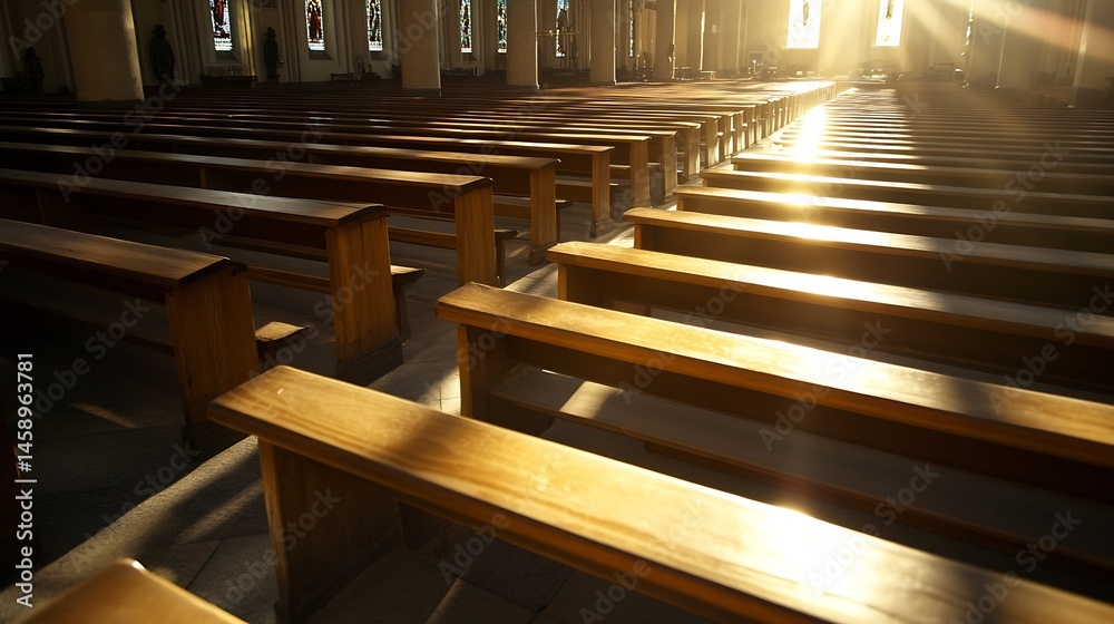 Leinwandbilder sunbeams illuminate rows of wooden pews in a church, creating a warm and serene atmosphere. the ligh