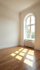 Fototapeta premium Sunlit airy room, white walls, high ceilings, hardwood floors, architecture, airy, ceilings