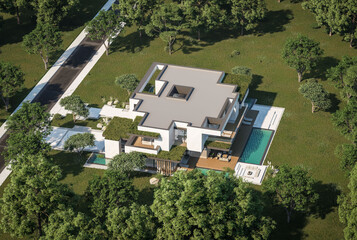 3d rendering of two-story house with parking and pool for sale or rent with concrete facade and beautiful landscaping on background. Clear sunny summer day with blue sky.