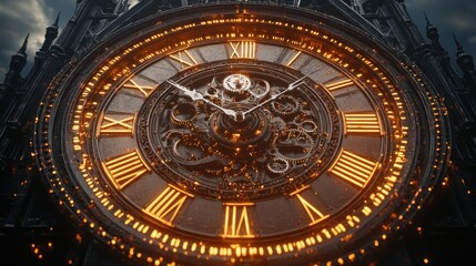 Obraz premium Ornate clock face, glowing roman numerals