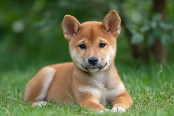 Shiba Inu Puppy Lying on Grass