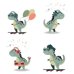 Obraz premium Cartoon set cute monsters dinosaur freestyle skate vector.
