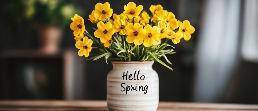 Yellow spring flowers in vase hello spring