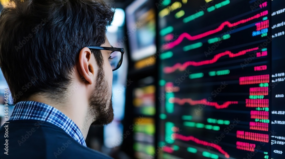 Poster A young businessman intently studies financial data displayed on multiple large monitors, showcasing dynamic stock market trends in red and green. : Generative AI