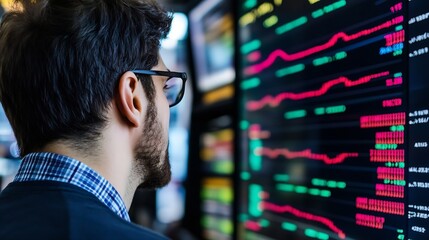 A young businessman intently studies financial data displayed on multiple large monitors, showcasing dynamic stock market trends in red and green. : Generative AI