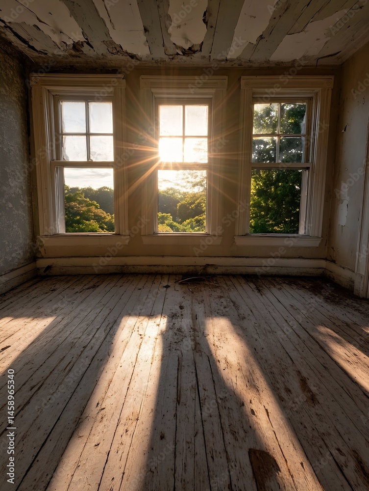 Poster sunbeams illuminate a weathered wooden floor in an abandoned room with three windows, showcasing a t