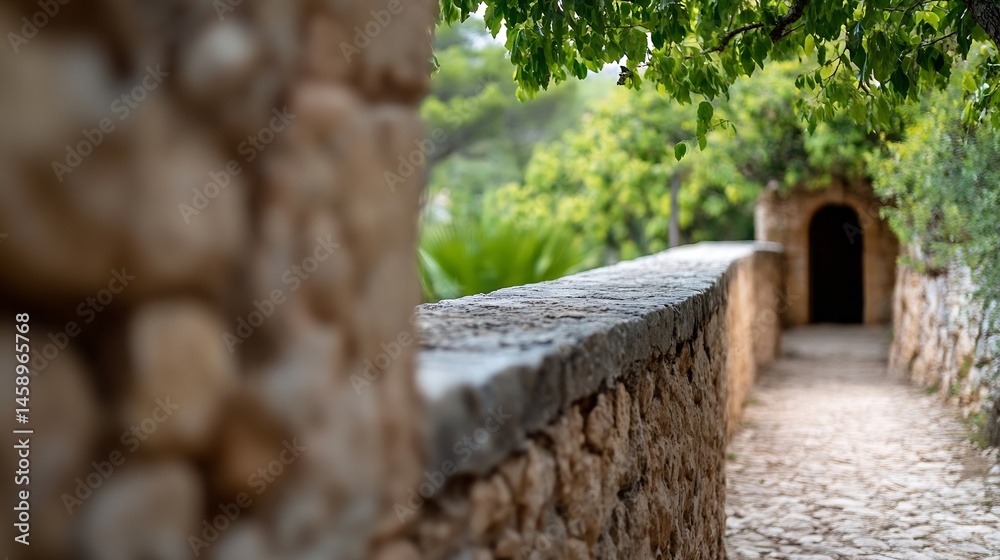 Poster a stone wall pathway leads to a dark archway, nestled within a lush, green mediterranean garden. sun