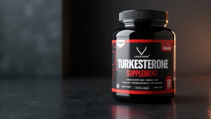 Black bottle. Testosterone label. Supplement container. Product shot. Fitness background. Healthy lifestyle. Sports nutrition. Gym promotion. Men's health. Dark mood. Studio lighting. Modern branding