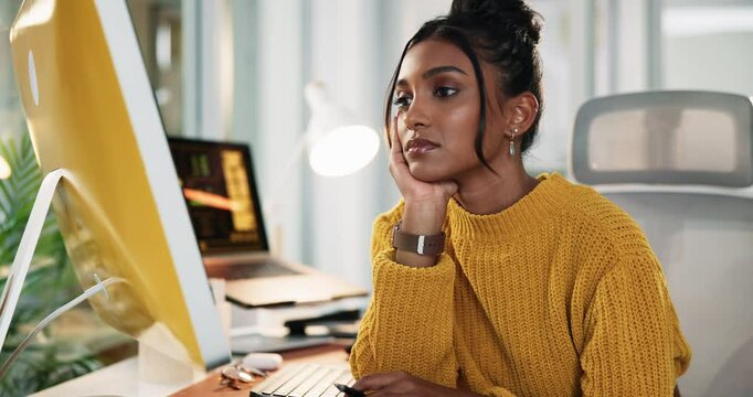 Woman, bored or tired by computer at desk, annoyed or frustrated with creative career. Burnout, fatigue or low energy with lazy employee or deadline procrastination, moody or sleepy at startup office