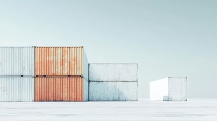 Fototapeta premium Stacked shipping containers in a row on a white surface.