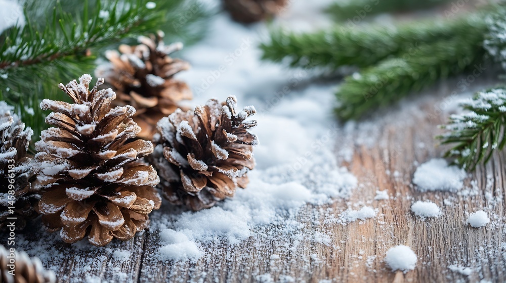 Poster Close-up of snow-covered pine cones and evergreen branches resting on a rustic wooden surface, creating a winter wonderland scene. : Generative AI